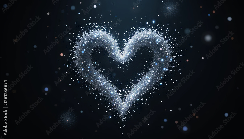 Poster a heart shape formed from shimmering particles glows against a dark backdrop, creating a magical atm
