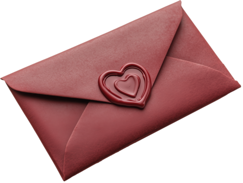 Deep red paper envelope with heart-shaped wax seal. Isolated PNG format. Transparent background. Vintage romance theme. Classic love letter concept. Symbol of affection and passion.