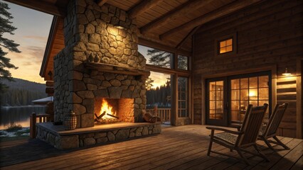 Cozy cabin with a stone fireplace and sunset view