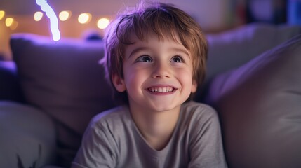Happy caucasian child relaxing indoors in cozy lighting