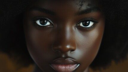 Young african female with deep stare and natural hair close-up portrait