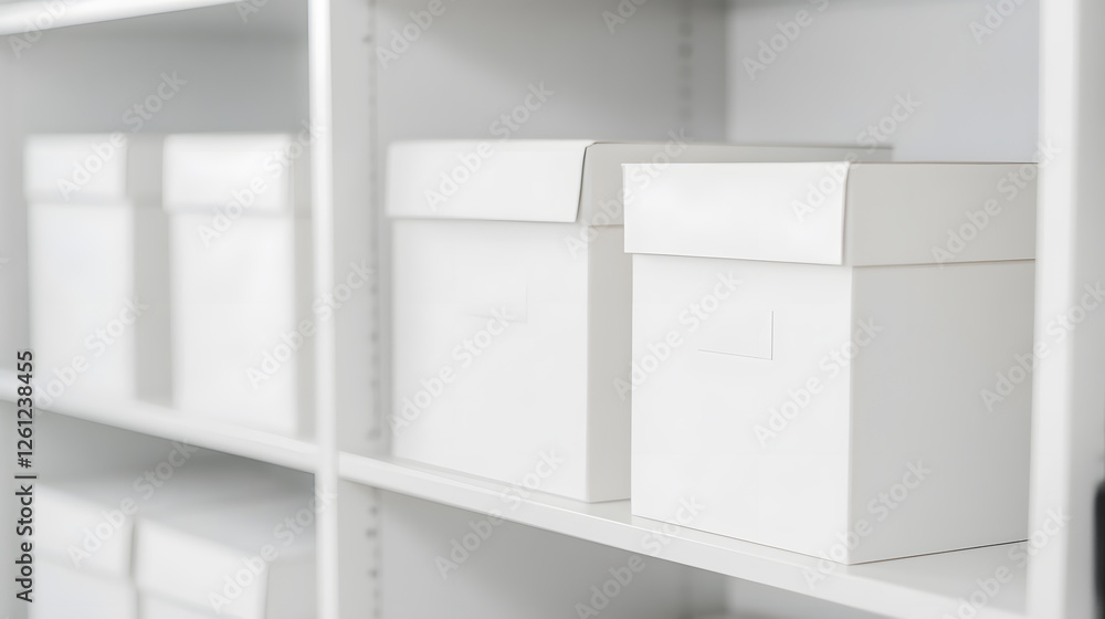 Poster shelved storage: white boxes on a metal shelf provide a clean and organized storage solution. minima