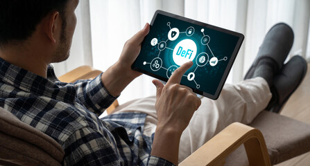 Decentralized finance or DeFi concept on modish computer screen . The defi system give new choice of investment and money saving .