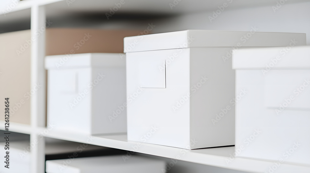 Poster organized storage: neat rows of white boxes on white shelves offer a minimalist and efficient soluti