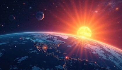Fototapeta premium Sunrise paints Earth's curve, cosmic backdrop , outer space, light, stars