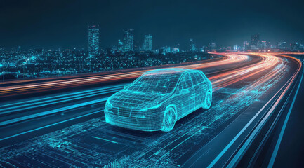 Electric car, digital highway, city lights, night drive, tech innovation