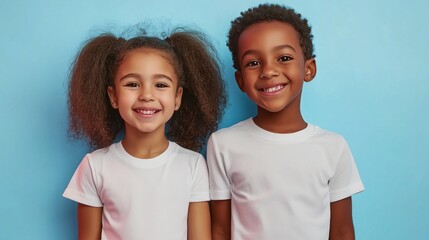 Happy african-american children smiling in white t-shirts against a blue background