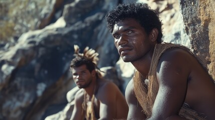Indigenous men in traditional attire against rocky background