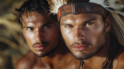 Young adult males with tribal headgear in natural setting