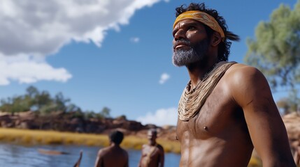 Indigenous african adult male in river landscape with traditional attire and jewelry