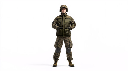 A soldier in a military uniform and helmet standing confidently with hands on hips against a plain white background
