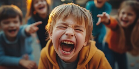 Fototapeta premium Screaming boy with intense frustration, anger and emotional release in school setting