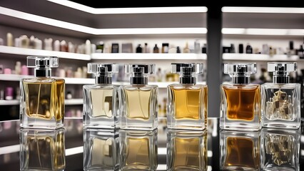 Elegant perfume bottles displayed on a reflective surface, capturing luxury and sophistication. A blend of modern aesthetics and high-end branding, Generative AI
