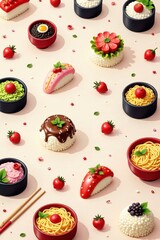 Whimsical Japanese sweets, rice balls & noodles pattern, wagashi, vibrant, sweet