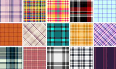 Vibrant collection of 16 diverse plaid patterns. Perfect for textile design, fashion, website backgrounds, or scrapbooking.