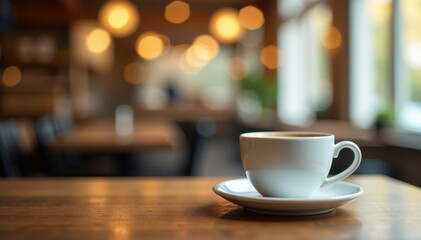 Fototapeta premium A cup of coffee on a wooden table with blurred surroundings and bokeh effect, blur, wood, warmth