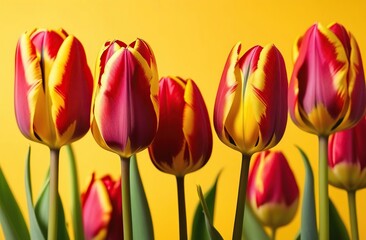 Red-yellow tulips isolated on yellow background