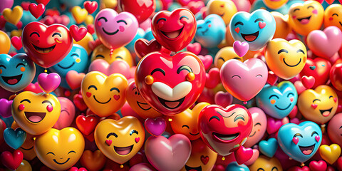 A vibrant assortment of heart-shaped balloons featuring cheerful faces fills the air. Various colors and sizes create a joyful and festive ambiance, ideal for celebrations