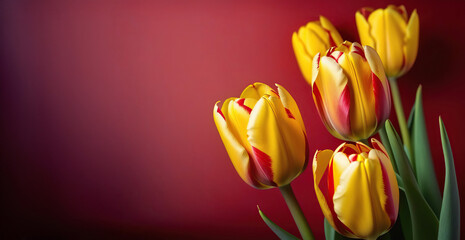 Red-yellow tulips isolated on dark red background. Space for text. Banner