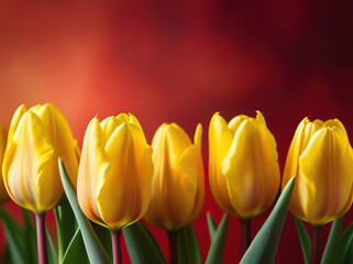 Yellow tulips isolated on dark red background. Space for text on top
