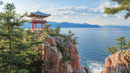 Fototapeta premium Coastal Pavilion Perched Atop Rocky Cliffs Overlooking Ocean
