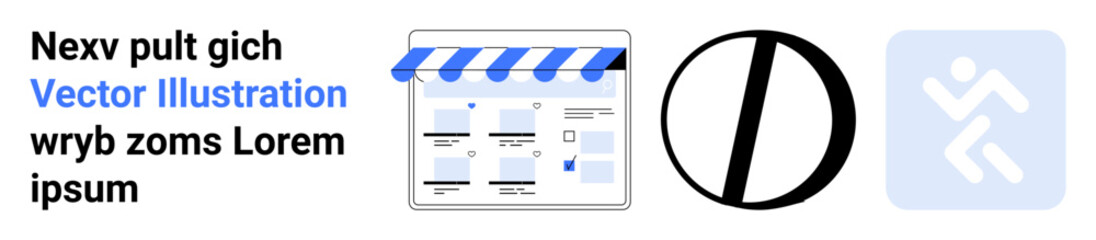 Digital marketplace storefront, circular analysis icon, and accessibility icon on blue background with sample text. Ideal for eCommerce, data visualization, accessibility, marketing, web design, user