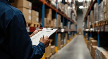 Person checking inventory in warehouse with clipboard