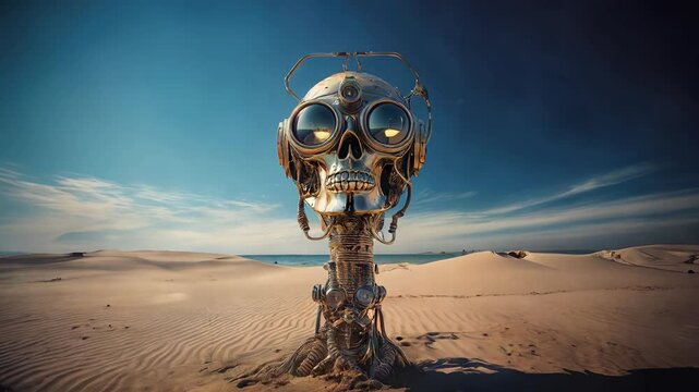 AI robot popping up out of sand
