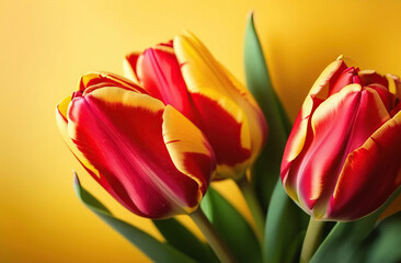 Bouquet of red-yellow tulips isolated on yellow background