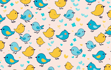 Bird pattern, childish seamless background. Perfect for fabric, textiles, wrapping, wallpaper, and apparel. Hand drawn