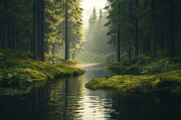 Misty forest stream, sunlight, moss, tranquility, nature scene, wallpaper