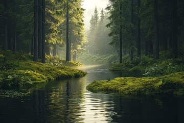 Foto auf Acrylglas Hotel Misty forest stream, sunlight, moss, tranquility, nature scene, wallpaper  © Gery