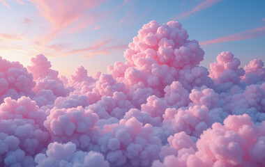 Abstract 3d candy fluffy texture with gradient cotton candy clouds in the sky. Fantasy pink cloud in sky pastel background. Fairy Paradise realistic soft cloudy sunset landscape. 