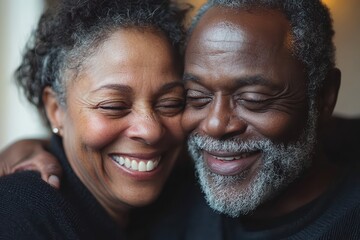  Joyful elderly couple embracing closely with radiant smiles, exuding warmth, love, and a deep emotional connection, capturing the essence of a lifelong relationship.