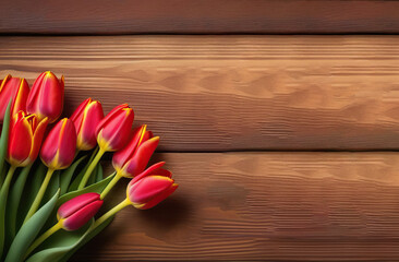 Bouquet of red-yellow tulips isolated on wooden background. Space for text. Banner