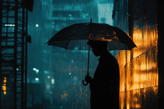 A silhouette of a man holding a large umbrella stands amidst the rain-soaked city streets in the evening. The reflective wet pavement and dimly lit surroundings create a brooding urban atmosphere.