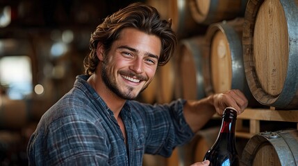 Obraz premium Winemaker smiling and holding wine bottle in cellar with wooden barrels