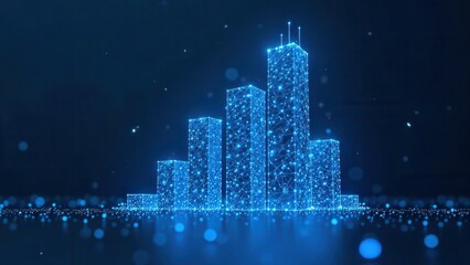 A wireframe hologram of a skyscraper, constructed with glowing blue lines and white dots that represent its digital structure.. AI 