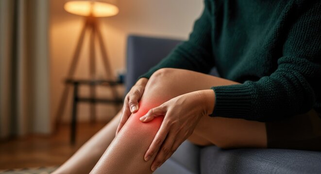 Person massaging sore knee, inflammation pain relief concept