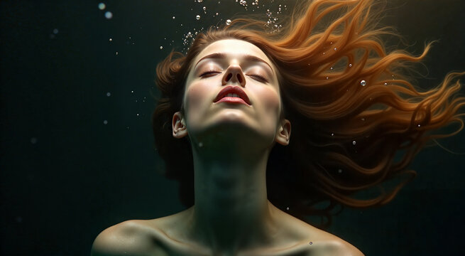 An ethereal underwater portrait captures a woman with flowing red hair, her face turned upwards. The serene image conveys a sense of tranquility and grace beneath the water's surface. - Powered by Adobe