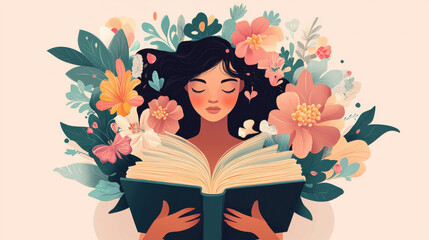 Illustration of Woman with Book, Pages Turning into Flowers for Empowerment in Women’s History Month
