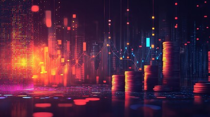 Obraz premium Futuristic Financial Growth Visualization, A digital representation of financial growth, featuring stacks of coins, glowing graphs
