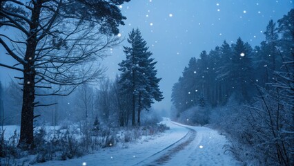 Misty winter landscape with falling snowflakes creating a serene atmosphere