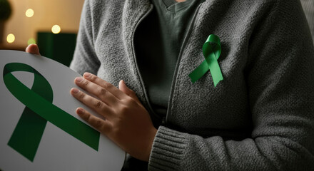 Person with mental health awareness green ribbon sticker