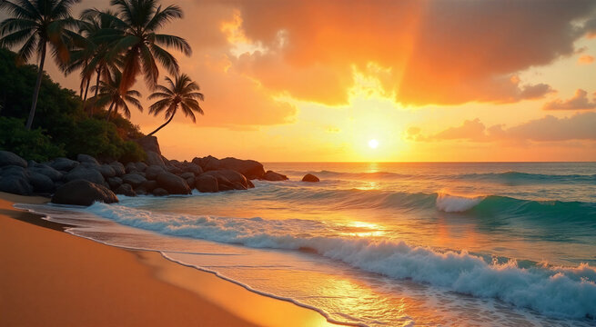 A stunning tropical beach at sunset with palm trees and waves gently rolling onto the sandy shore. The sky is painted with warm hues of orange and yellow as the sun descends over the horizon.