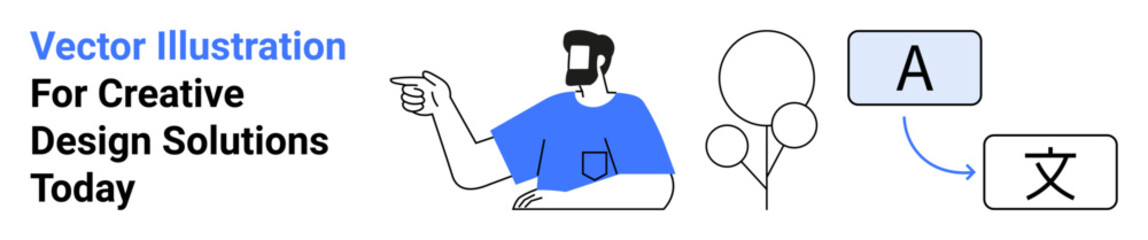 Bearded man gesturing to text elements and abstract shapes for design purposes. Ideal for creativity, branding, marketing, education, translation, communication, and flat landing page banner