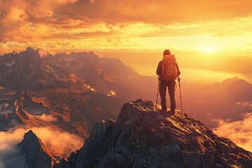 Fototapeta premium Solo hiker standing on mountain peak at sunrise, gazing at endless horizon, capturing adventure, solitude, and breathtaking natural beauty.