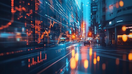 Futuristic City with Digital Stock Market Overlay, A futuristic city street at night with digital stock market graphs overlay