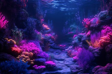 Fototapeta premium Underwater coral reef path, vibrant colors, ocean background, marine life