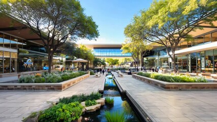 Luxury Shopping Center Courtyard: A tranquil oasis in the heart of a bustling shopping center, featuring a serene water feature, lush landscaping, and modern architecture.